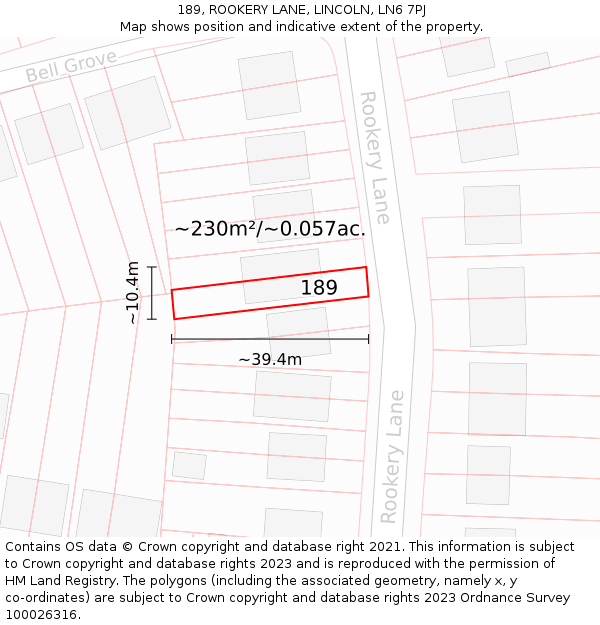 189, ROOKERY LANE, LINCOLN, LN6 7PJ: Plot and title map