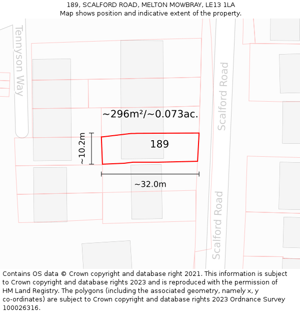 189, SCALFORD ROAD, MELTON MOWBRAY, LE13 1LA: Plot and title map