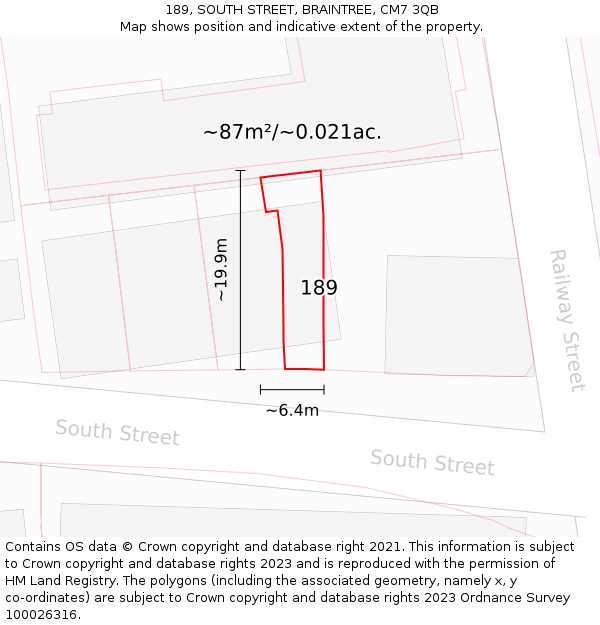 189, SOUTH STREET, BRAINTREE, CM7 3QB: Plot and title map