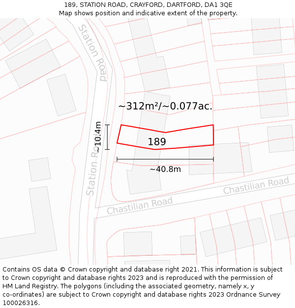 189, STATION ROAD, CRAYFORD, DARTFORD, DA1 3QE: Plot and title map