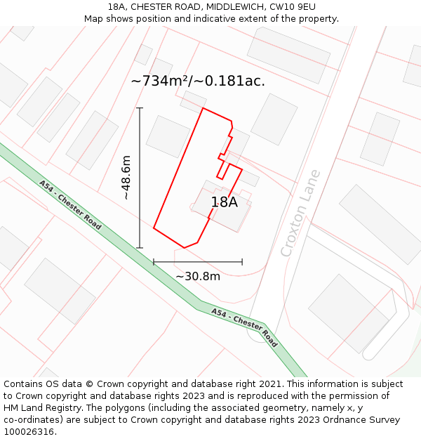 18A, CHESTER ROAD, MIDDLEWICH, CW10 9EU: Plot and title map