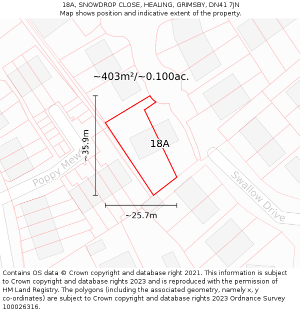 18A, SNOWDROP CLOSE, HEALING, GRIMSBY, DN41 7JN: Plot and title map