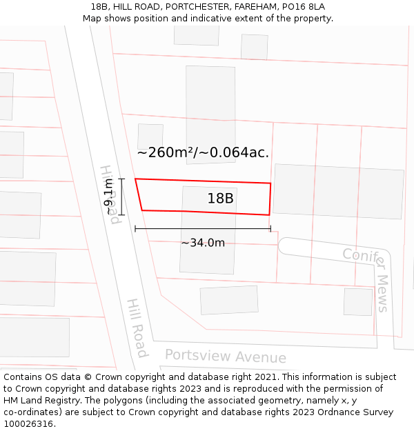 18B, HILL ROAD, PORTCHESTER, FAREHAM, PO16 8LA: Plot and title map