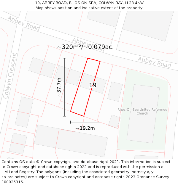 19, ABBEY ROAD, RHOS ON SEA, COLWYN BAY, LL28 4NW: Plot and title map