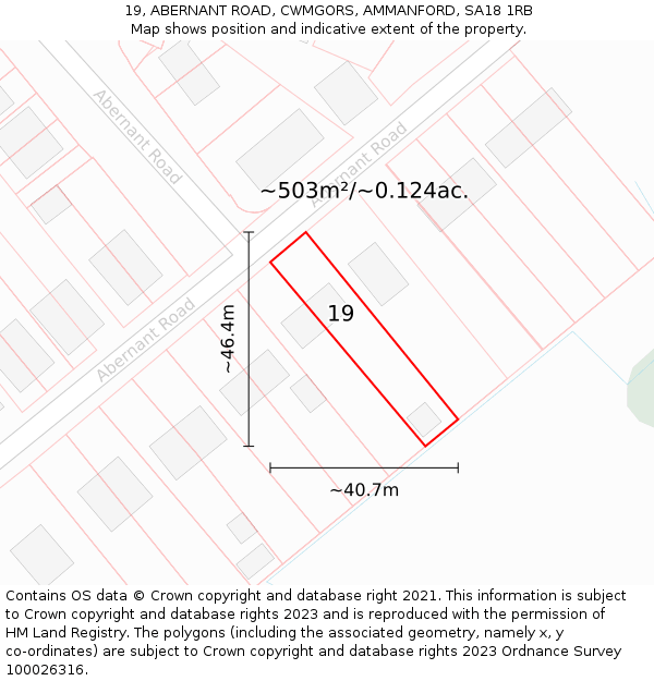 19, ABERNANT ROAD, CWMGORS, AMMANFORD, SA18 1RB: Plot and title map