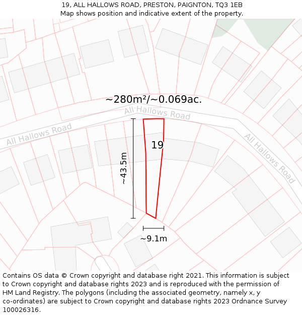 19, ALL HALLOWS ROAD, PRESTON, PAIGNTON, TQ3 1EB: Plot and title map