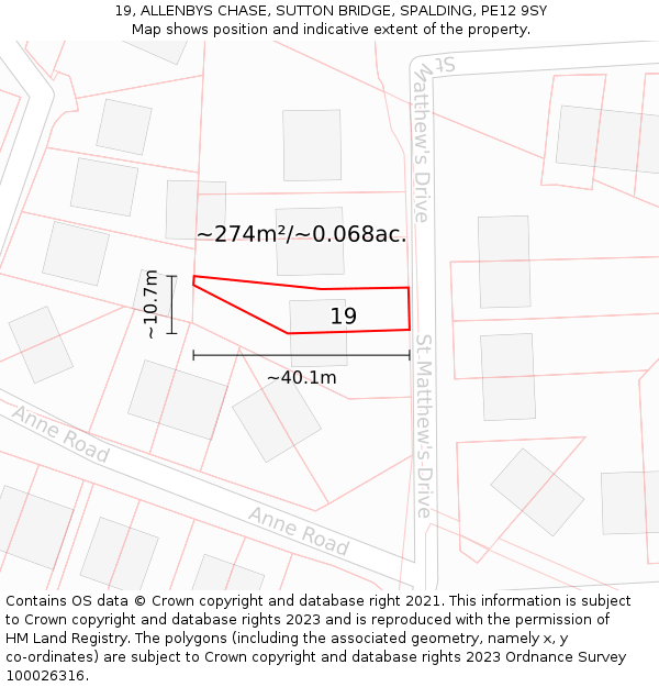 19, ALLENBYS CHASE, SUTTON BRIDGE, SPALDING, PE12 9SY: Plot and title map