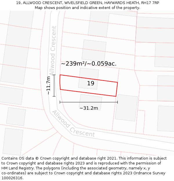 19, ALLWOOD CRESCENT, WIVELSFIELD GREEN, HAYWARDS HEATH, RH17 7RP: Plot and title map