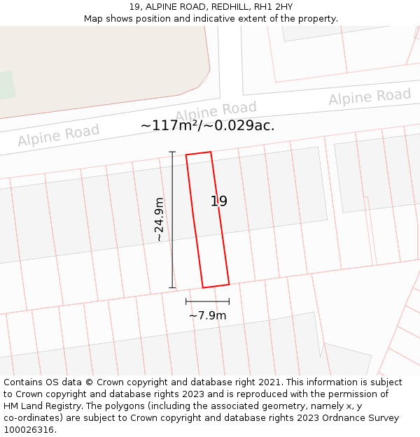 19, ALPINE ROAD, REDHILL, RH1 2HY: Plot and title map