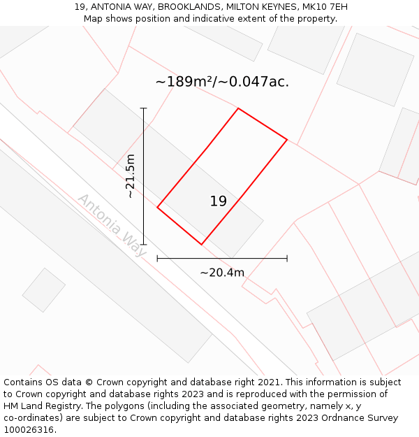 19, ANTONIA WAY, BROOKLANDS, MILTON KEYNES, MK10 7EH: Plot and title map