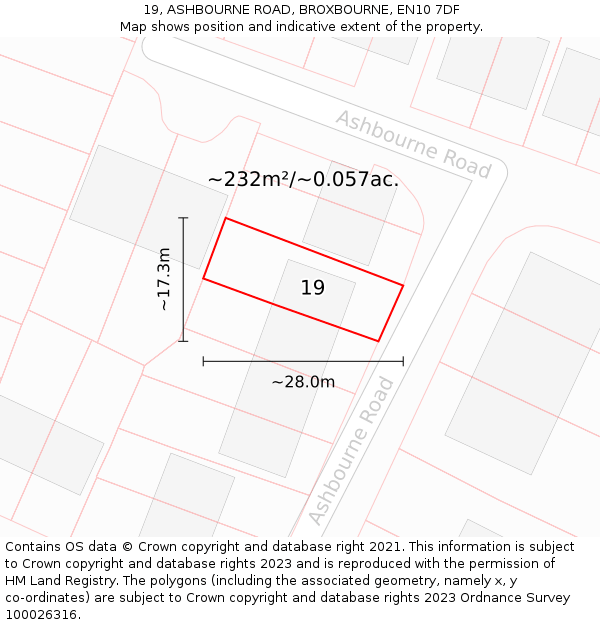 19, ASHBOURNE ROAD, BROXBOURNE, EN10 7DF: Plot and title map