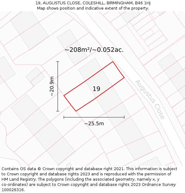 19, AUGUSTUS CLOSE, COLESHILL, BIRMINGHAM, B46 1HJ: Plot and title map