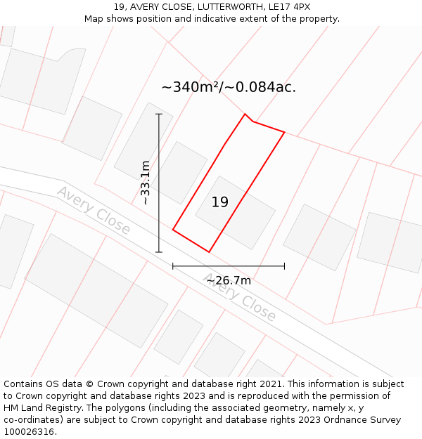 19, AVERY CLOSE, LUTTERWORTH, LE17 4PX: Plot and title map