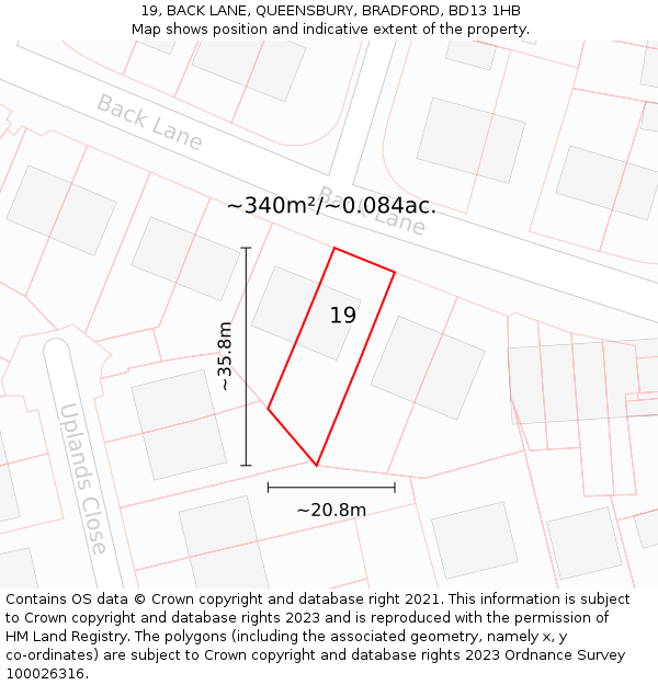 19, BACK LANE, QUEENSBURY, BRADFORD, BD13 1HB: Plot and title map