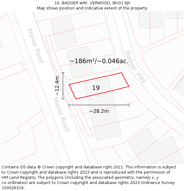 19, BADGER WAY, VERWOOD, BH31 6JX: Plot and title map