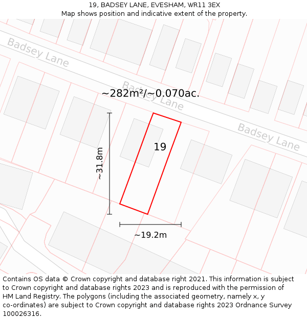 19, BADSEY LANE, EVESHAM, WR11 3EX: Plot and title map