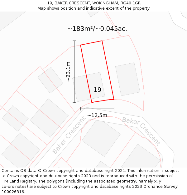 19, BAKER CRESCENT, WOKINGHAM, RG40 1GR: Plot and title map