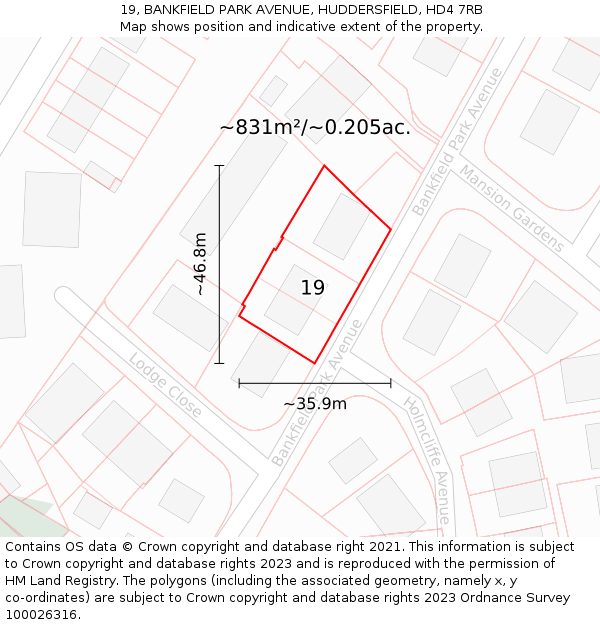 19, BANKFIELD PARK AVENUE, HUDDERSFIELD, HD4 7RB: Plot and title map