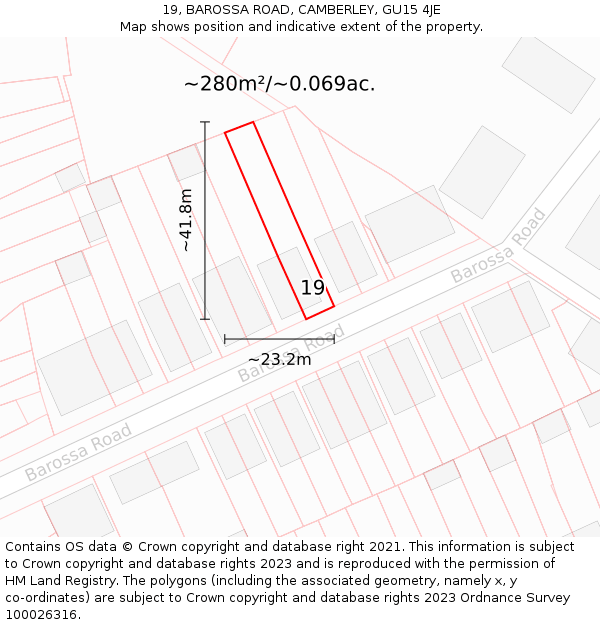 19, BAROSSA ROAD, CAMBERLEY, GU15 4JE: Plot and title map