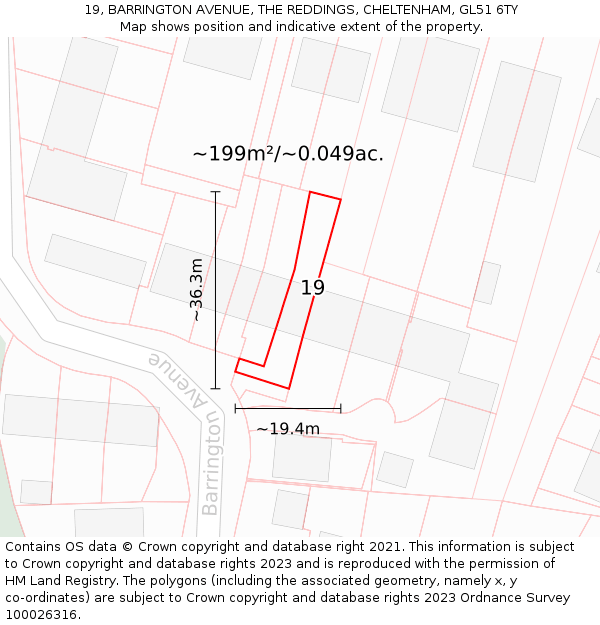 19, BARRINGTON AVENUE, THE REDDINGS, CHELTENHAM, GL51 6TY: Plot and title map