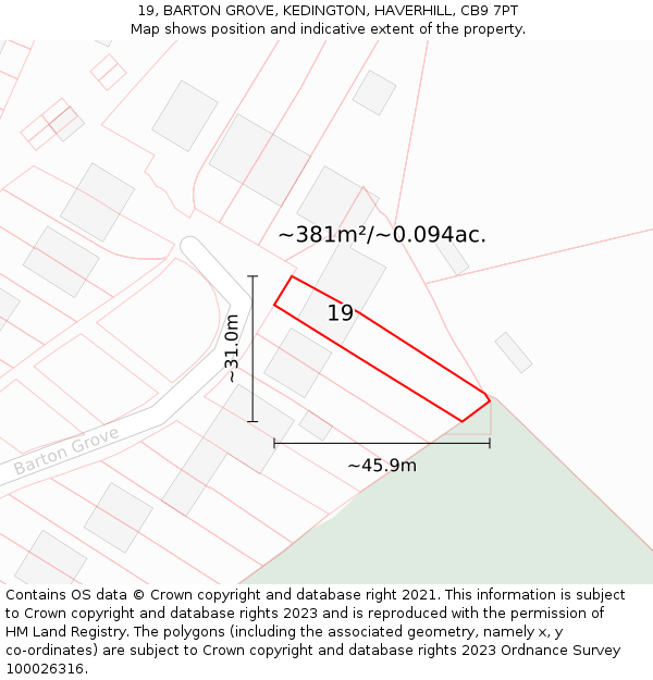 19, BARTON GROVE, KEDINGTON, HAVERHILL, CB9 7PT: Plot and title map