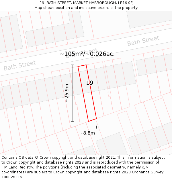 19, BATH STREET, MARKET HARBOROUGH, LE16 9EJ: Plot and title map