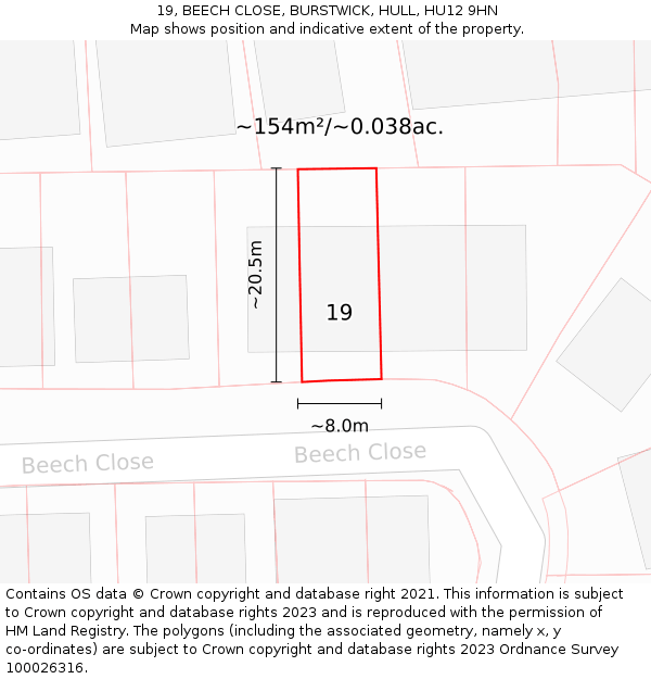 19, BEECH CLOSE, BURSTWICK, HULL, HU12 9HN: Plot and title map