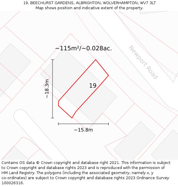 19, BEECHURST GARDENS, ALBRIGHTON, WOLVERHAMPTON, WV7 3LT: Plot and title map