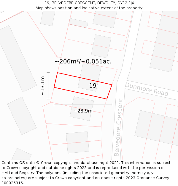 19, BELVEDERE CRESCENT, BEWDLEY, DY12 1JX: Plot and title map