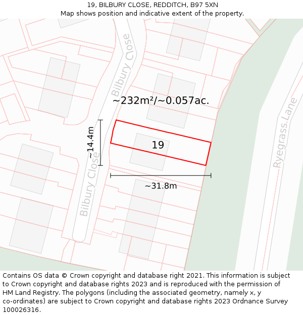 19, BILBURY CLOSE, REDDITCH, B97 5XN: Plot and title map