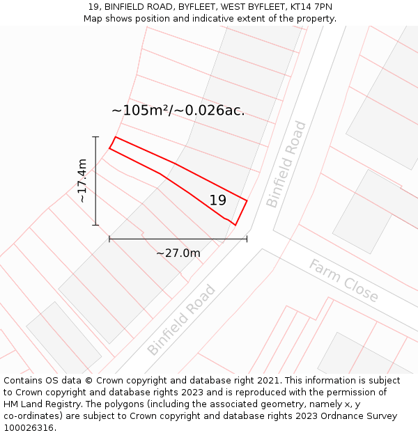 19, BINFIELD ROAD, BYFLEET, WEST BYFLEET, KT14 7PN: Plot and title map