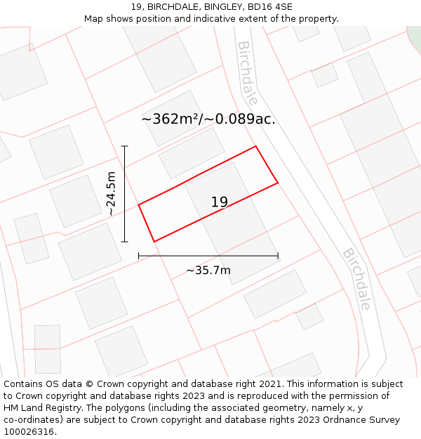 19, BIRCHDALE, BINGLEY, BD16 4SE: Plot and title map