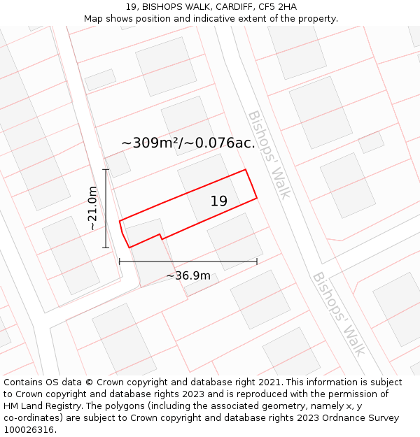 19, BISHOPS WALK, CARDIFF, CF5 2HA: Plot and title map