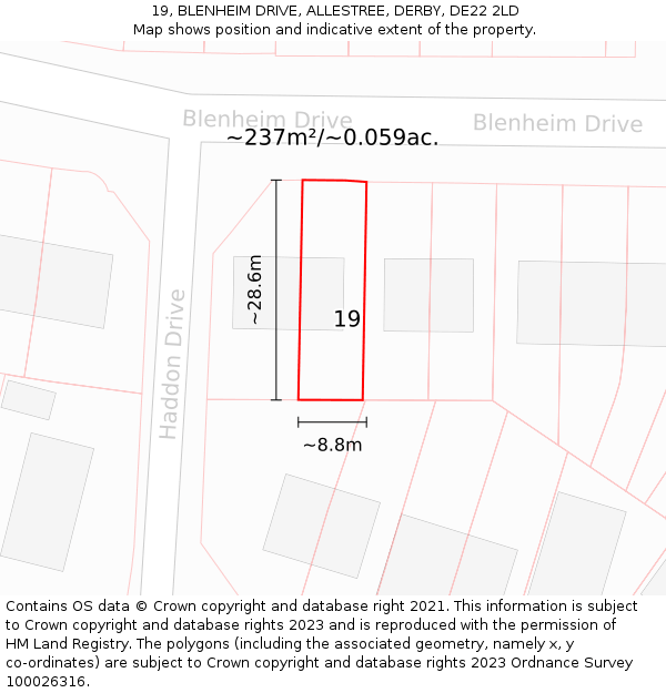 19, BLENHEIM DRIVE, ALLESTREE, DERBY, DE22 2LD: Plot and title map