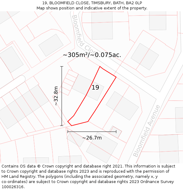 19, BLOOMFIELD CLOSE, TIMSBURY, BATH, BA2 0LP: Plot and title map