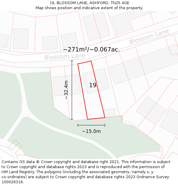 19, BLOSSOM LANE, ASHFORD, TN25 4GE: Plot and title map