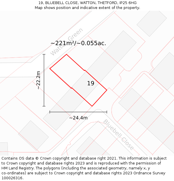 19, BLUEBELL CLOSE, WATTON, THETFORD, IP25 6HG: Plot and title map