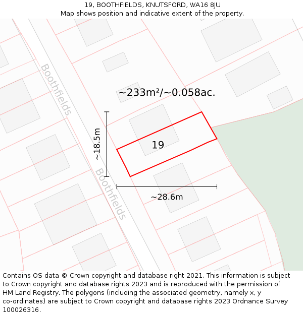 19, BOOTHFIELDS, KNUTSFORD, WA16 8JU: Plot and title map