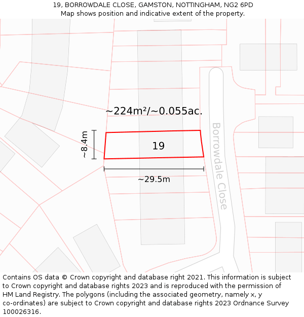 19, BORROWDALE CLOSE, GAMSTON, NOTTINGHAM, NG2 6PD: Plot and title map