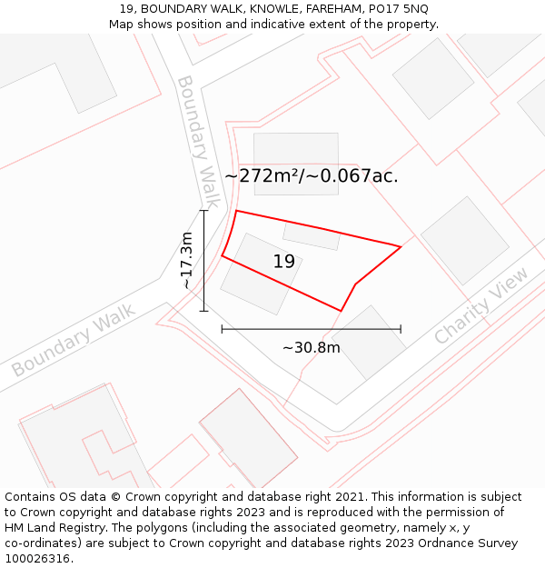 19, BOUNDARY WALK, KNOWLE, FAREHAM, PO17 5NQ: Plot and title map