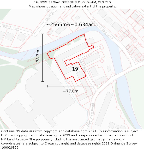 19, BOWLER WAY, GREENFIELD, OLDHAM, OL3 7FQ: Plot and title map