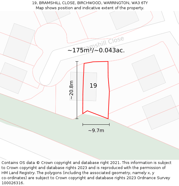 19, BRAMSHILL CLOSE, BIRCHWOOD, WARRINGTON, WA3 6TY: Plot and title map