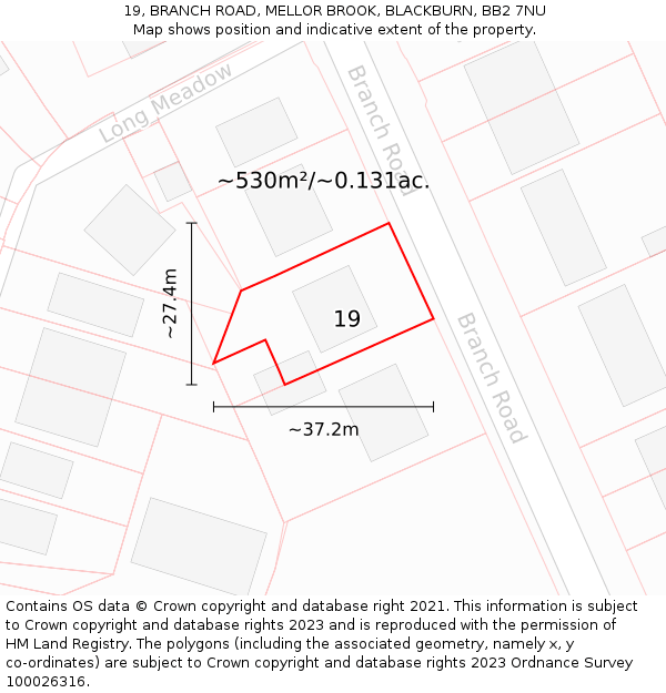 19, BRANCH ROAD, MELLOR BROOK, BLACKBURN, BB2 7NU: Plot and title map