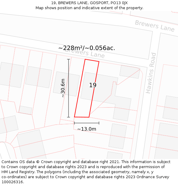 19, BREWERS LANE, GOSPORT, PO13 0JX: Plot and title map