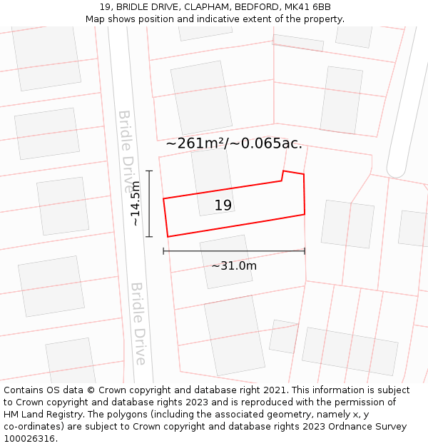 19, BRIDLE DRIVE, CLAPHAM, BEDFORD, MK41 6BB: Plot and title map