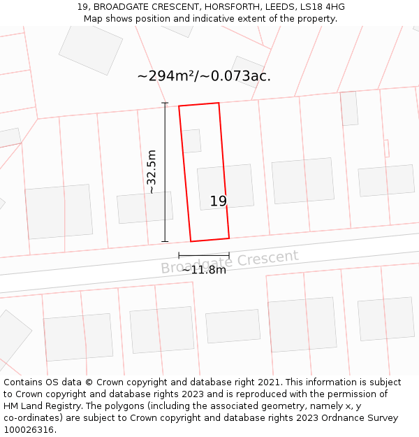 19, BROADGATE CRESCENT, HORSFORTH, LEEDS, LS18 4HG: Plot and title map