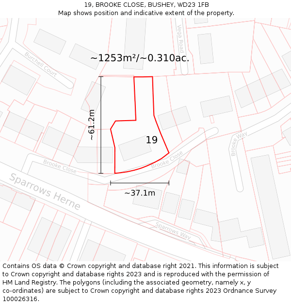 19, BROOKE CLOSE, BUSHEY, WD23 1FB: Plot and title map