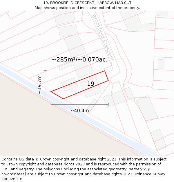 19, BROOKFIELD CRESCENT, HARROW, HA3 0UT: Plot and title map