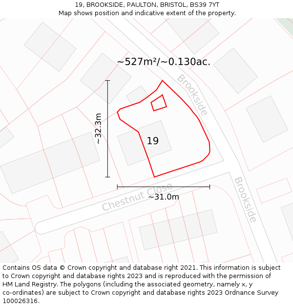 19, BROOKSIDE, PAULTON, BRISTOL, BS39 7YT: Plot and title map