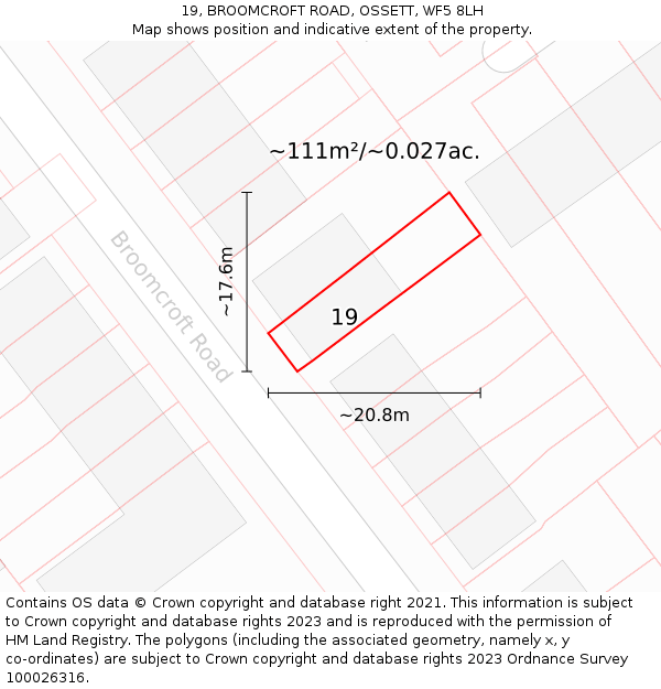 19, BROOMCROFT ROAD, OSSETT, WF5 8LH: Plot and title map